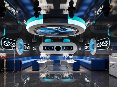 Modern Luxury KTV Room Interior With Blue Sofas Circular Ceiling And Lighting 3d model