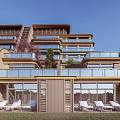 Modern Luxury Residential Building Exterior With Balconies Greenery And Lounge Chairs