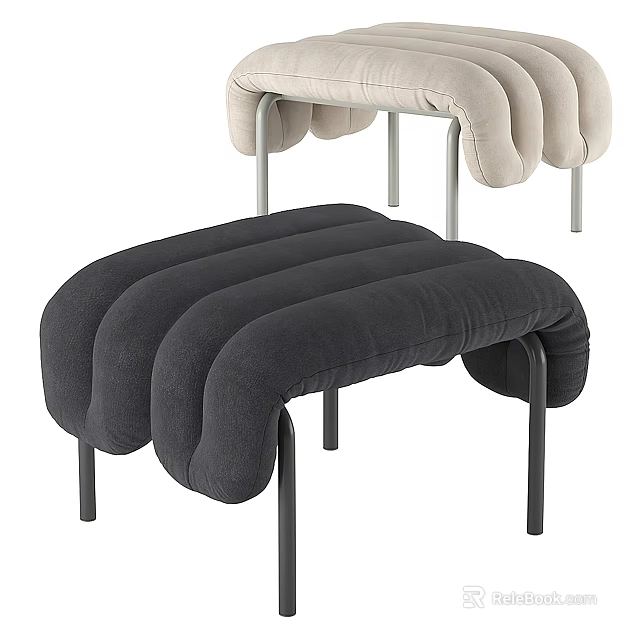 Modern Curved Padded Bench with Black and Beige Colors and Metal Legs Design 3d model 