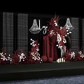Elegant Wedding Decor With Red Drapery White Red Flowers Chandeliers Black Backdrop And Candles
