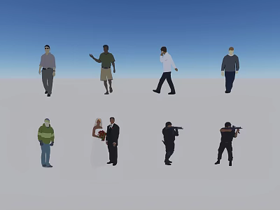 Men In Different Standing Walking And Various Poses On Plain Background 3d model