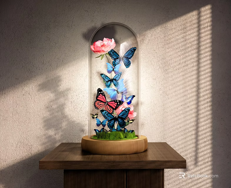 Ornamental Decoration Set with Glass Dome Pink Flowers Blue Pink Butterflies Green Grass Wooden Base 3d model 