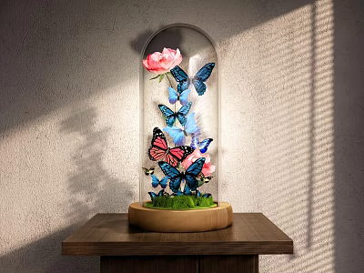 Ornamental Decoration Set with Glass Dome Pink Flowers Blue Pink Butterflies Green Grass Wooden Base 3d model