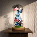 Ornamental Decoration Set with Glass Dome Pink Flowers Blue Pink Butterflies Green Grass Wooden Base