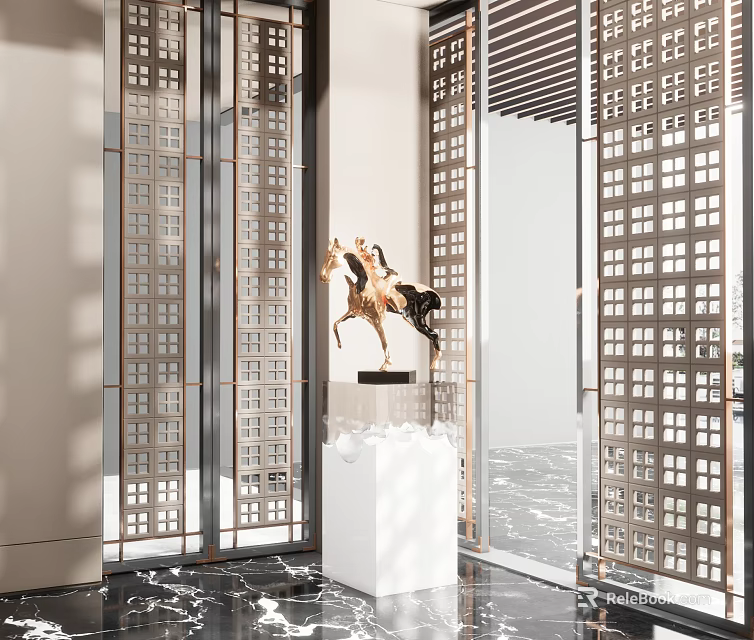 Elegant Horse Sculpture On White Pedestal In Modern Lattice Door Space With Marble Floor 3d model 