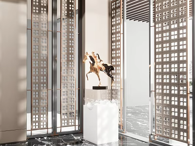 Elegant Horse Sculpture On White Pedestal In Modern Lattice Door Space With Marble Floor 3d model