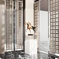 Elegant Horse Sculpture On White Pedestal In Modern Lattice Door Space With Marble Floor