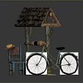 Vintage Well Structure Scene Featuring Wooden Frame Tile Roof Side Chair And Colorful Mats