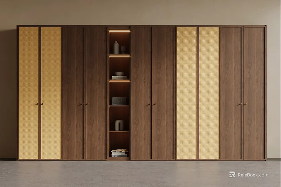 Modern Wooden Wardrobe Design With Woven Panels And Open Compartment Featuring Decorative Items And Books 3d model 