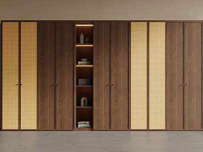 Modern Wooden Wardrobe Design With Woven Panels And Open Compartment Featuring Decorative Items And Books 3d model