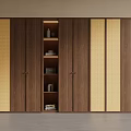 Modern Wooden Wardrobe Design With Woven Panels And Open Compartment Featuring Decorative Items And Books