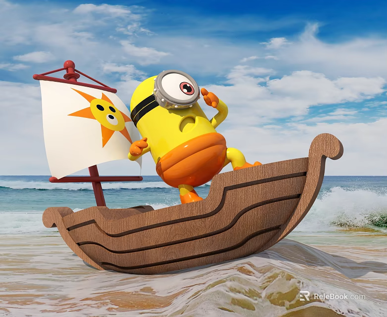 Minion In Orange Duck Costume On Wooden Boat With Sun Pattern Sail At Ocean Beach 3d model 