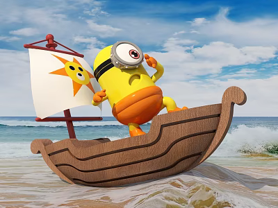 Minion In Orange Duck Costume On Wooden Boat With Sun Pattern Sail At Ocean Beach 3d model