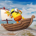 Minion In Orange Duck Costume On Wooden Boat With Sun Pattern Sail At Ocean Beach