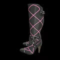 Black High Heel Boots With Pink Crisscross Lines And Silver Toe Caps