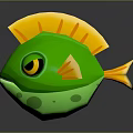 Cute Green Fish With Yellow Fins Tail And Big Eyes In Cartoon Style