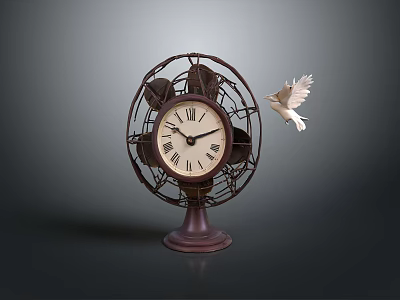 Vintage Electric Fan With Retro Clock Design And White Dove Decoration 3d model