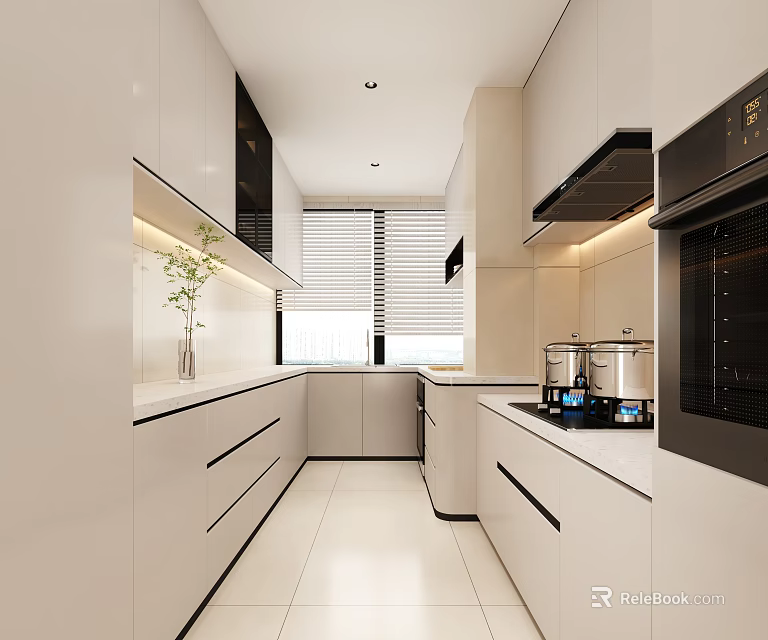 Modern Open Kitchen Interior With White Cabinets Counter Appliances And Window Blinds 3d model 