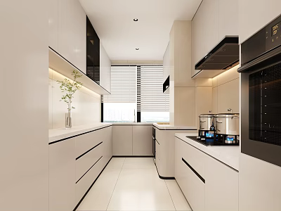 Modern Open Kitchen Interior With White Cabinets Counter Appliances And Window Blinds 3d model