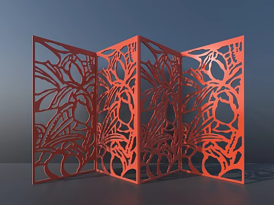 Red Laser Cut Room Divider With Ornate Patterns For Modern Interior Decor 3d model