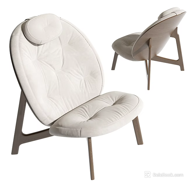 Modern Lounge Chair With Tufted White Upholstery And Wooden Leg Design 3d model 
