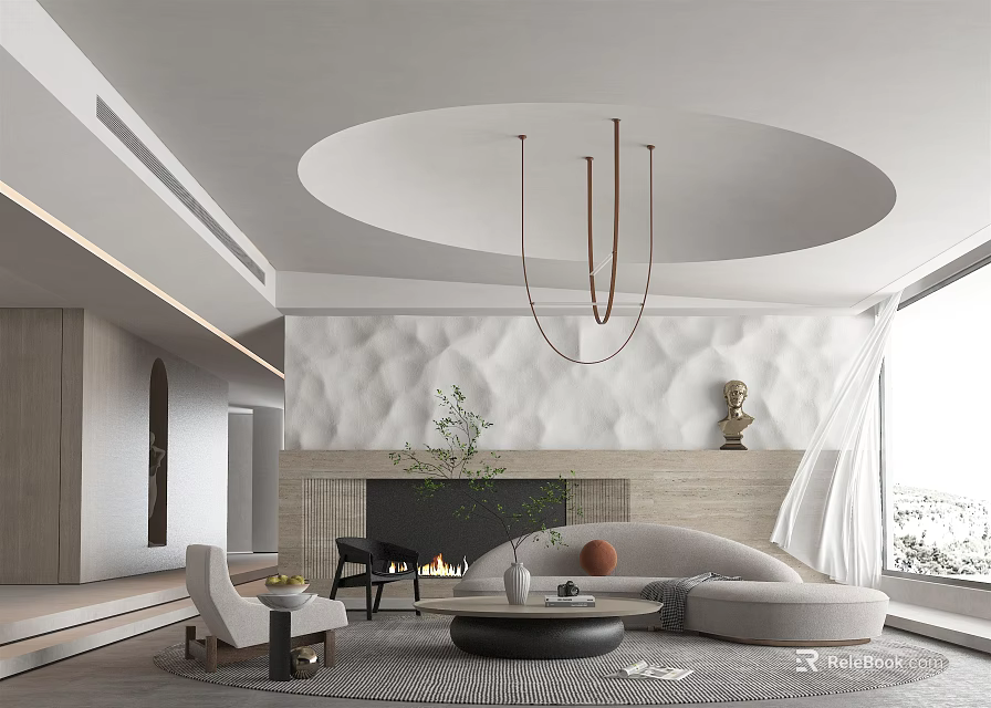 Modern Living Room Interior Design With Circular Ceiling Chandelier And Textured Wall Fireplace 3d model 