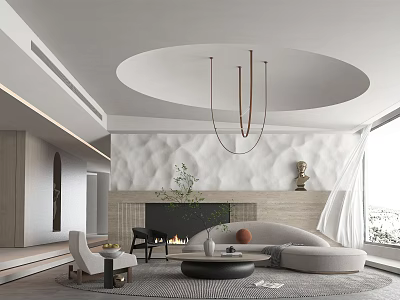 Modern Living Room Interior Design With Circular Ceiling Chandelier And Textured Wall Fireplace 3d model