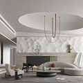 Modern Living Room Interior Design With Circular Ceiling Chandelier And Textured Wall Fireplace