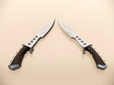 Two Sharp Knives With Silver Blades And Black Handles Decorative Holes On Light Background 3d model