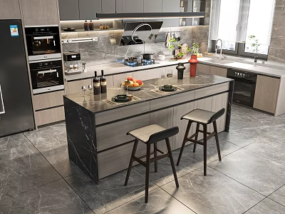 Modern Open Kitchen Interior With Marble Island Counter And Cabinets 3d model