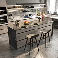 Modern Open Kitchen Interior With Marble Island Counter And Cabinets 3d model