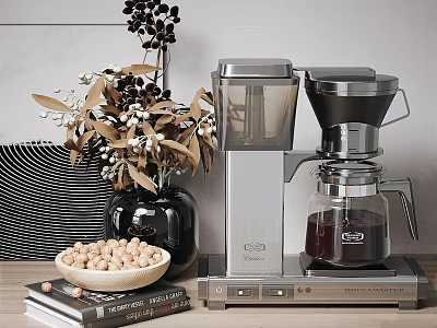 Modern Kitchen Coffee Maker On Countertop With Decorative Flowers Chickpeas And Books 3d model