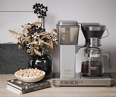 Modern Kitchen Coffee Maker On Countertop With Decorative Flowers Chickpeas And Books 3d model