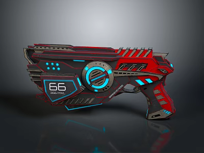 Futuristic Sci Fi Gun with Red Black Body Blue Glowing Accents and Number 66 Detail 3d model