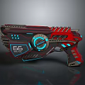 Futuristic Sci Fi Gun with Red Black Body Blue Glowing Accents and Number 66 Detail