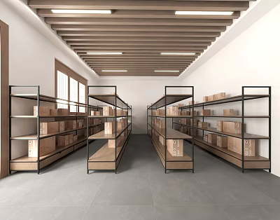 Warehouse Storage Space With Metal Shelves Holding Cardboard Boxes Wooden Ceiling And Gray Floor 3d model