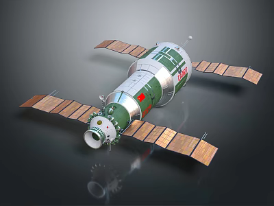 Green And White Spacecraft With Deployed Solar Panels And Red Markings 3d model