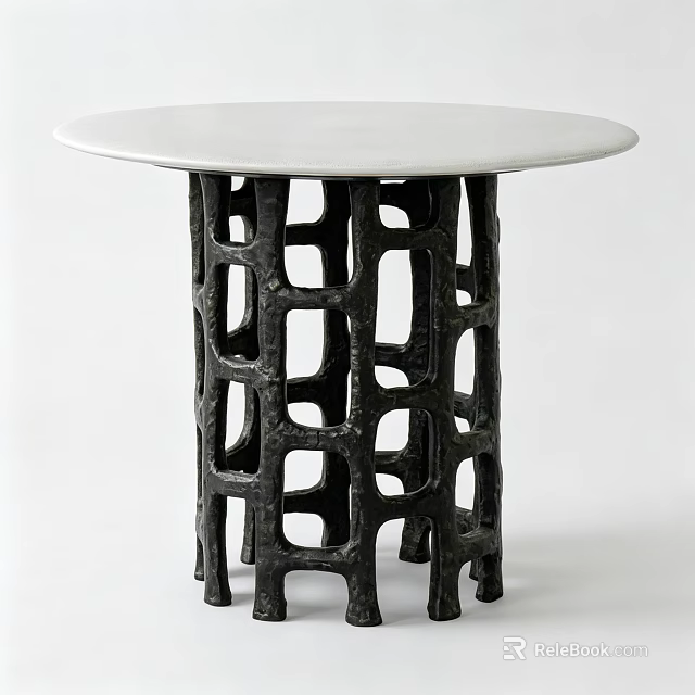 Round White Modern Dining Table With Black Geometric Hollow Carved Legs 3d model 