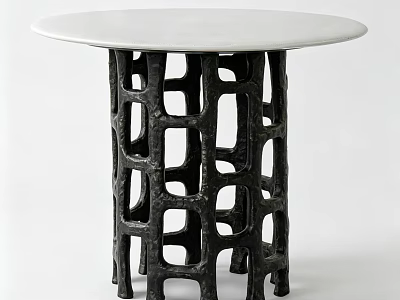 Round White Modern Dining Table With Black Geometric Hollow Carved Legs 3d model