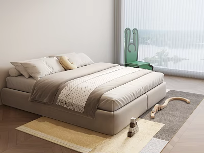 Modern Double Bed with Neutral Bedding and Green Accent Chair by Floor to Ceiling Windows 3d model