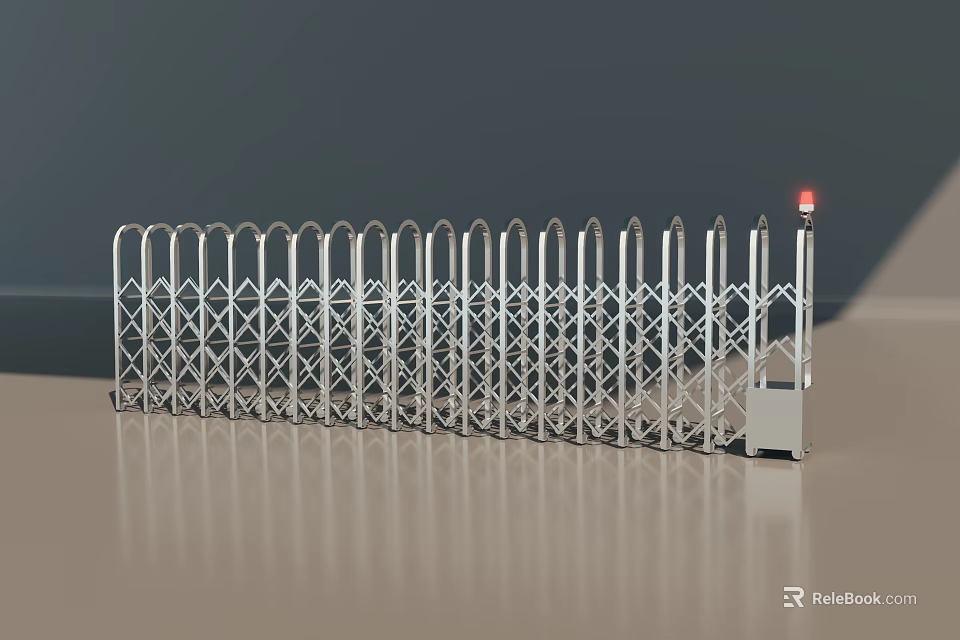 Silver Metal Retractable Gate With Diamond Pattern And Red Light Control Device 3d model 