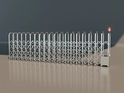Silver Metal Retractable Gate With Diamond Pattern And Red Light Control Device 3d model