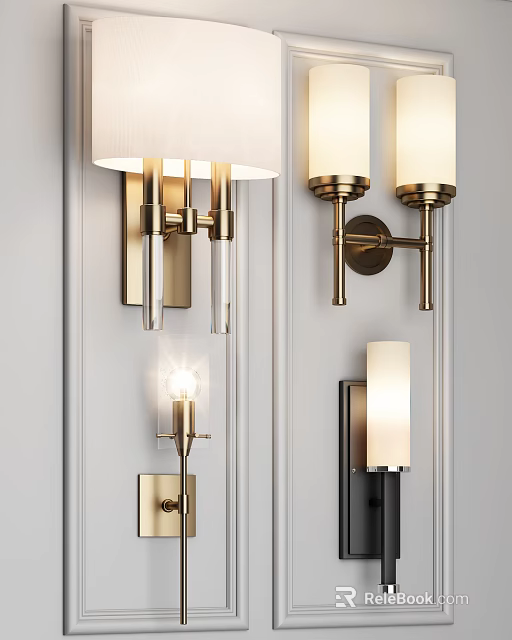 Various Modern Wall Lamps With Brass Metal Finish And White Lampshades For Home Lighting 3d model 