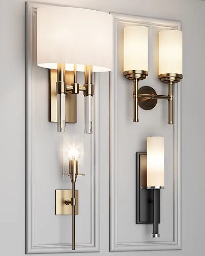 Various Modern Wall Lamps With Brass Metal Finish And White Lampshades For Home Lighting 3d model