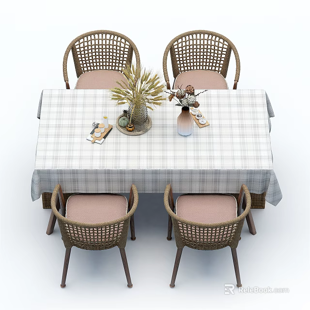 Stylish Dining Table Set With Checkered Tablecloth Rattan Chairs And Decorative Plants 3d model 