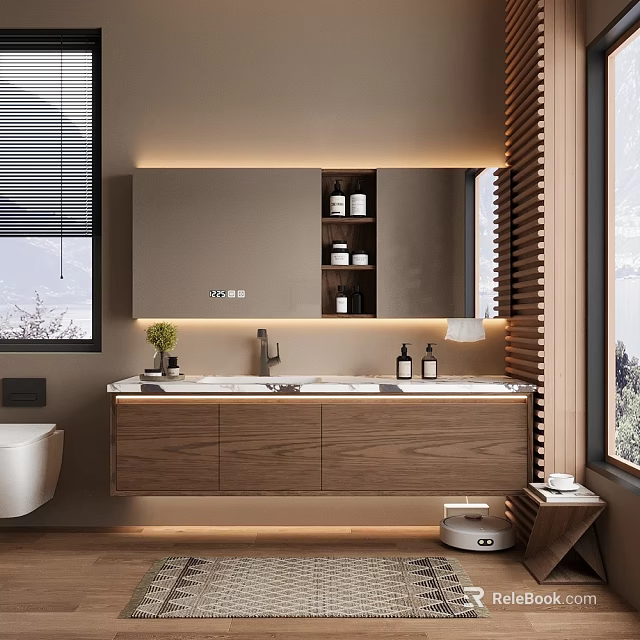 Modern Bathroom Vanity With Wooden Cabinet Double Sink Mirror And Ambient Lighting 3d model 