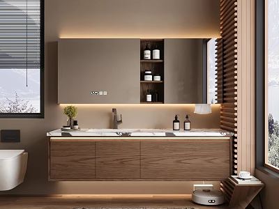 Modern Bathroom Vanity With Wooden Cabinet Double Sink Mirror And Ambient Lighting 3d model
