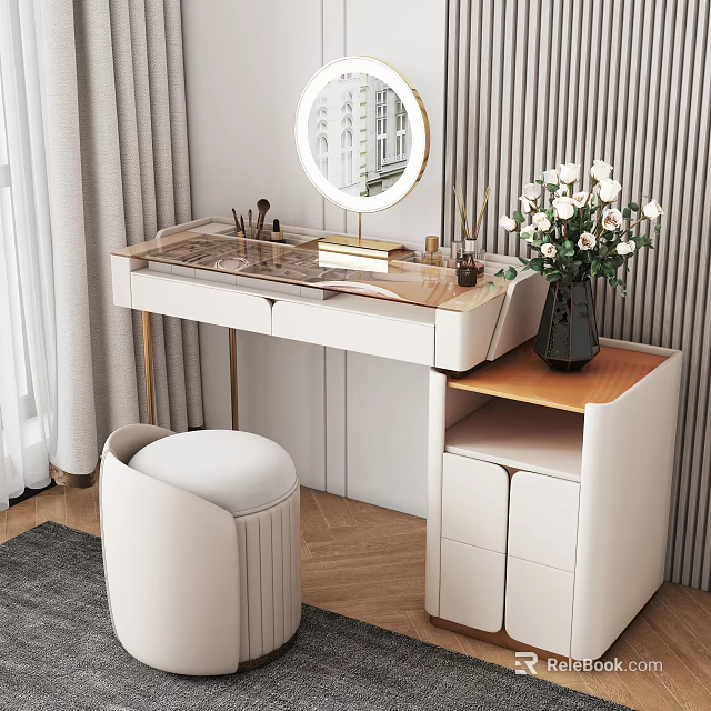 Elegant Modern Dressing Table Design With Round Mirror Makeup Items Vase Stool And Cabinet 3d model 