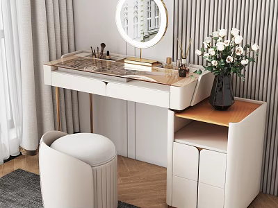 Elegant Modern Dressing Table Design With Round Mirror Makeup Items Vase Stool And Cabinet 3d model