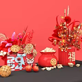 Commercial Festive Decorative Display Equipment With Red Ornaments Fu Symbols And Gold Ingots